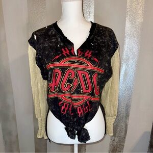 Upcycled AC/DC Band Distressed Black Gold‎ T-Shirt Top Ladies Small-Medium Rock